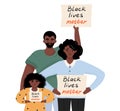 Black lives matter. Sad african american family protesting against racism and police abuse with a banner in her hands. Vector flat Royalty Free Stock Photo