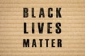 Black Lives Matter slogan on cardboard banner. Corrugated carton picket sign, placard for demonstrations