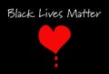 Black Lives Matter text with drops of blood from a red heart on black background.