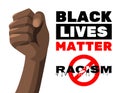 Black Lives Matter text on white isolated background. Protest stop racism with fist about human rights violation. Strong