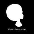 Black Lives Matter. Vector Illustration with afroamerican woman silhouette and hashtag text on black background. Protest against