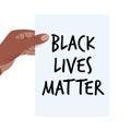 Black Lives Matter. Vector Illustration with text on white paper list in african woman hand. Protest against racism and social