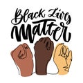 Black lives mattern hand lettering banner with hands clenched fist for protest human right of black people in U.S