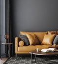 Black living room interior with leather sofa, minimalist industrial style