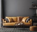 Black living room interior with leather sofa, minimalist industrial style