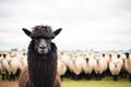 black llama with white sheep flock Royalty Free Stock Photo