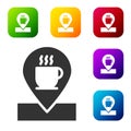 Black Location with coffee cup icon isolated on white background. Set icons in color square buttons. Vector Royalty Free Stock Photo