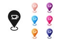 Black Location with coffee cup icon isolated on white background. Set icons colorful. Vector Royalty Free Stock Photo