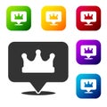 Black Location king crown icon isolated on white background. Set icons in color square buttons. Vector Royalty Free Stock Photo
