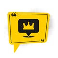 Black Location king crown icon isolated on white background. Yellow speech bubble symbol. Vector