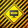 Black Location with text work icon isolated on yellow background. Warning sign. Vector Illustration