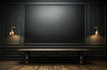 Black loft style room interior lit with lamps from above and a big black board mockup with copy space