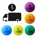 Black Logistics delivery truck and time icon isolated on white background. Delivery time icon. Set icons in color circle Royalty Free Stock Photo