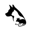 Black logo for veterinary clinic and pet shop. Vector dog, cat and mouse silhouette on a white background.