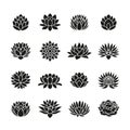 Black lotus flowers silhouettes icons. Spa wellness calming floral elements. Buddhism mandala symbols. Isolated lily