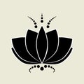 Black lotus silhouette with white contour and decor. Water lily icon, isolated flower symbol for design. Simple vector Royalty Free Stock Photo