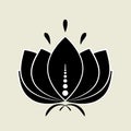 Black lotus silhouette with white contour and decor. Water lily icon, isolated flower symbol for design. Simple vector Royalty Free Stock Photo