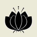 Black lotus silhouette with white contour and decor. Water lily icon, isolated flower symbol for design. Simple vector Royalty Free Stock Photo