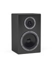 Black loudspeaker with wooden housing on white background