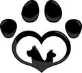 Black Love Paw Print Logo With Dog And Cat Silhouette Flat Design