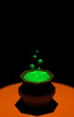 Low poly cauldron with green potion and bubbles on black background 3D illustration copy space