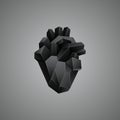 Black low poly human heart on a gray background.