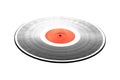 Black LP record with red label isolated on white closeup