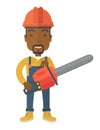 Black Lumberjack cuts a tree by chainsaw