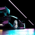 Black Luxury Futuristic Sports Car Drives on Neon Illuminated Road at Night.