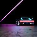 Black Luxury Futuristic Sports Car with LED Taillights Drives on Neon Illuminated Road at Night.
