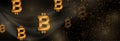 Black and luxury golden wavy abstract background with bitcoin signs