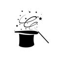 Black magic hat with wand stick and stars icon vector, magical performance logo, wizard logo, fairy tale Royalty Free Stock Photo