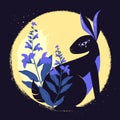 Black magic rabbit with salvia in the background of the moon.Vector illustration.