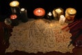 Black magic ritual with demon manuscript and evil candles Royalty Free Stock Photo