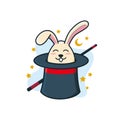 Black magician hat and wand with smiling bunny cartoon character inside. magic bunny/rabbit mascot logo. magician logo Royalty Free Stock Photo