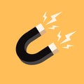 Black Magnet with lightning icon isolated on yellow background. Horseshoe magnet, magnetism, magnetize, attraction sign