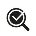 Black Magnifier with ok tick. Magnifying glass icon. Search and found button for web pages. Vector illustration Royalty Free Stock Photo