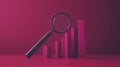 Black magnifying glass analyzing glowing magenta bar graphs on a dark background, evoking a professional, data driven environme
