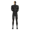 Black male abstract mannequin with golden half face stands on isolated background. Front view. 3d rendering