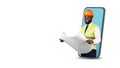 Black Male Civil Engineer With Blueprints Peeking Out Of Big Smartphone Screen Royalty Free Stock Photo