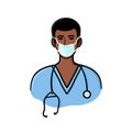 Black male doctor in uniform wearing surgical mask illustration