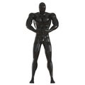 A black male faceless mannequin stands holding bent arms clenched in a fist in front of him. 3d rendering