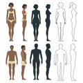 Black male and female anatomy human character, people dummy front and view side body silhouette, isolated on white, flat vector Royalty Free Stock Photo