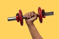 Black male hand holding an old red dumbell isolated on yellow background