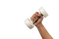 Black male hand holding a plastic white dumbell isolated, white background