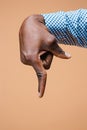 Black male hand point finger. Hand gestures - man pointing on virtual object with forefinger Royalty Free Stock Photo