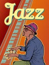 Black male jazz pianist. Music and rock. Arist plays a musical instrument