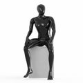 Black male mannequin sitting on a white square face forward plastic 3D rendering
