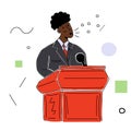 A black male politician in a business suit behind a podium makes a speech. Vector illustration with contour in hand