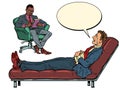 A black male psychotherapist is in a psychotherapy session with a patient, listening to a businessman, sitting in a